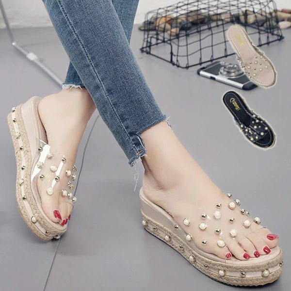 クリアサンダル レディース ミュール 厚底サンダル オーペントゥ 厚底 ウェッジサンダル ハイヒール パール ビーチサンダル リラックスサンダル プラットフォーム 涼しい 麻 美 ウェッジソール